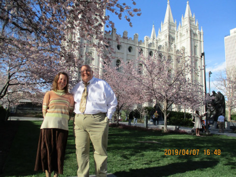 David Edward Garber in 2019 with his fiancee Emily Marjean Eliason at the Salt Lake Temple.