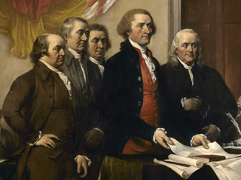 The Declaration Committee in 1776 presenting their draft to Congress for debate.